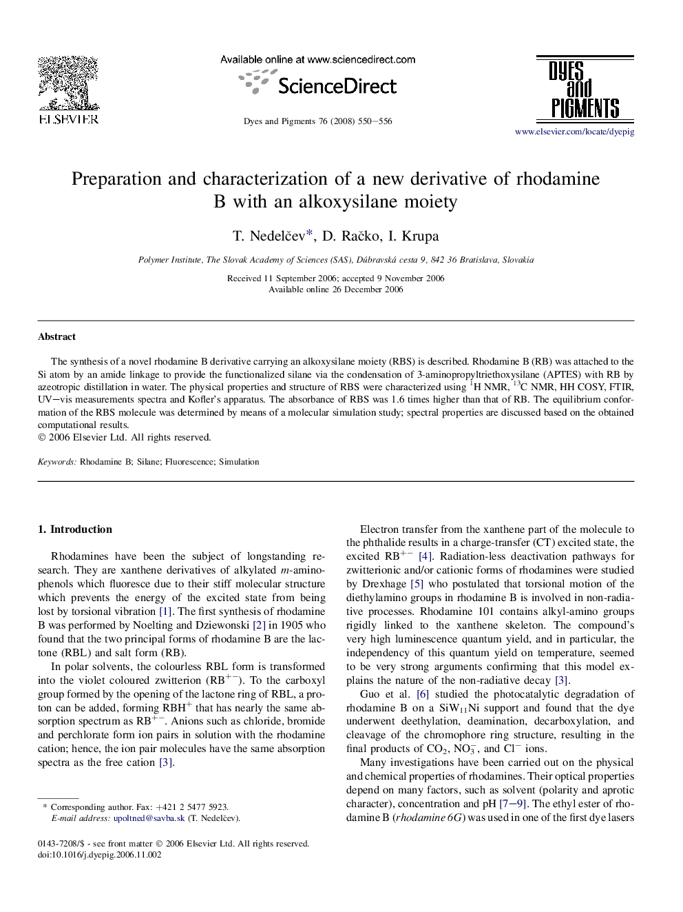 Preparation and characterization of a new derivative of rhodamine B with an alkoxysilane moiety