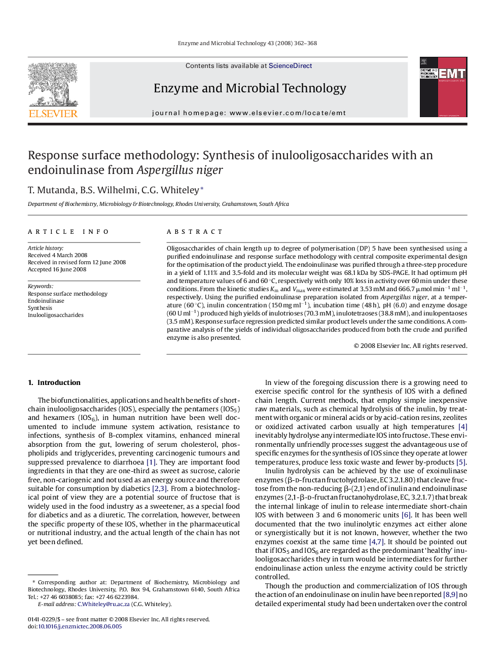 Response surface methodology: Synthesis of inulooligosaccharides with an endoinulinase from Aspergillus niger