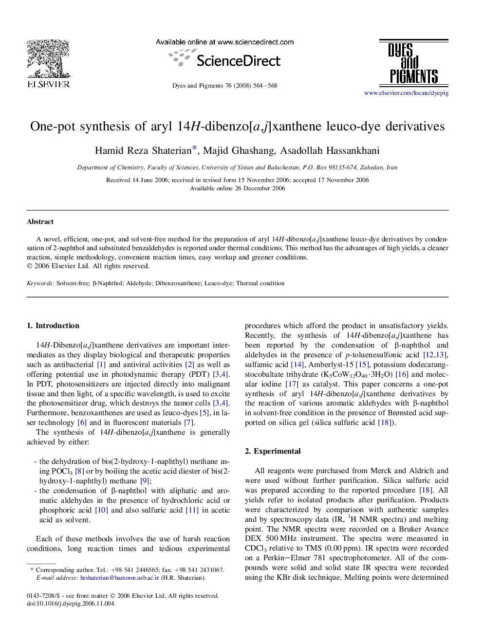 One-pot synthesis of aryl 14H-dibenzo[a,j]xanthene leuco-dye derivatives