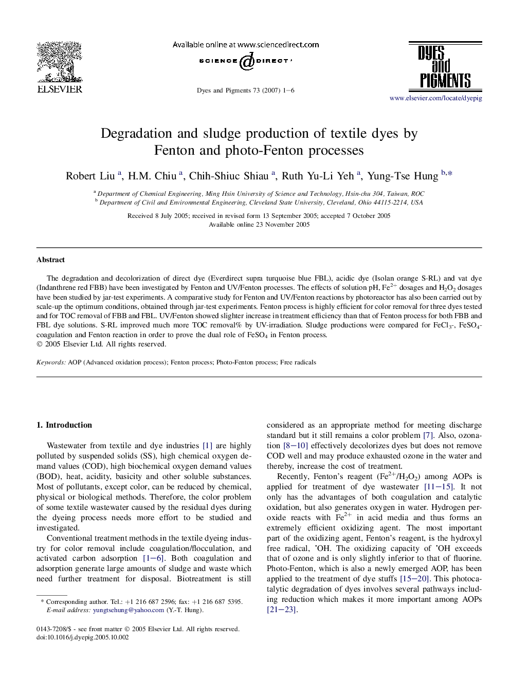 Degradation and sludge production of textile dyes by Fenton and photo-Fenton processes