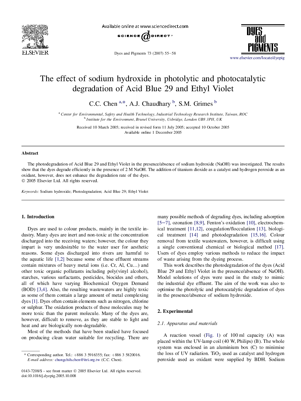 The effect of sodium hydroxide in photolytic and photocatalytic degradation of Acid Blue 29 and Ethyl Violet