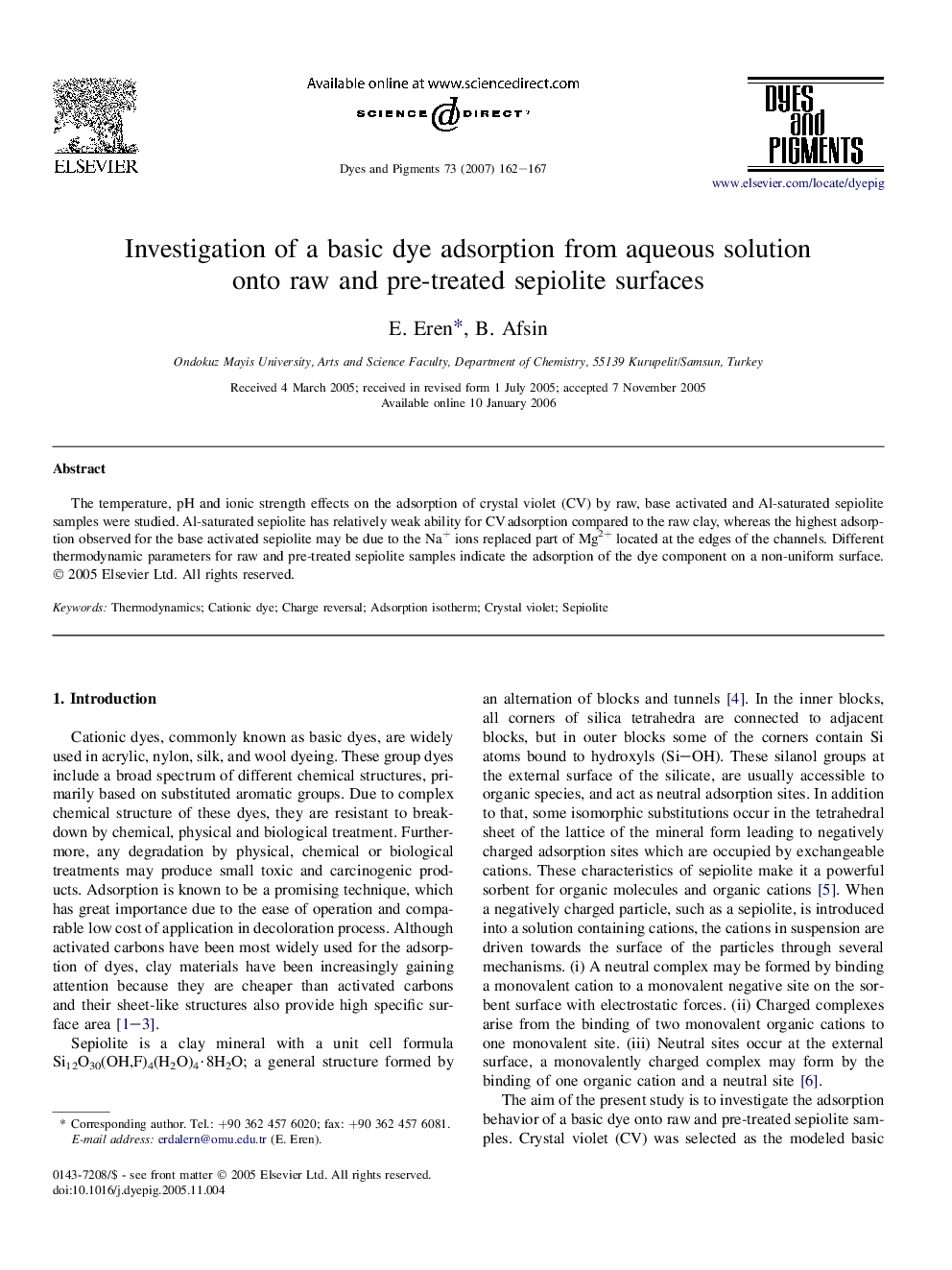 Investigation of a basic dye adsorption from aqueous solution onto raw and pre-treated sepiolite surfaces