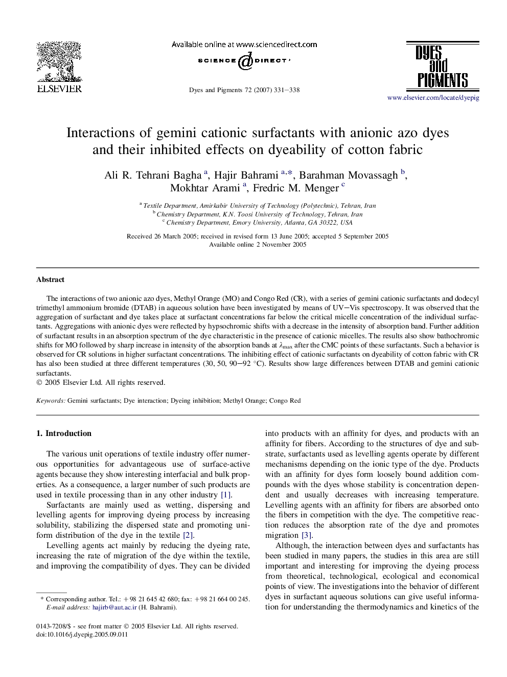 Interactions of gemini cationic surfactants with anionic azo dyes and their inhibited effects on dyeability of cotton fabric