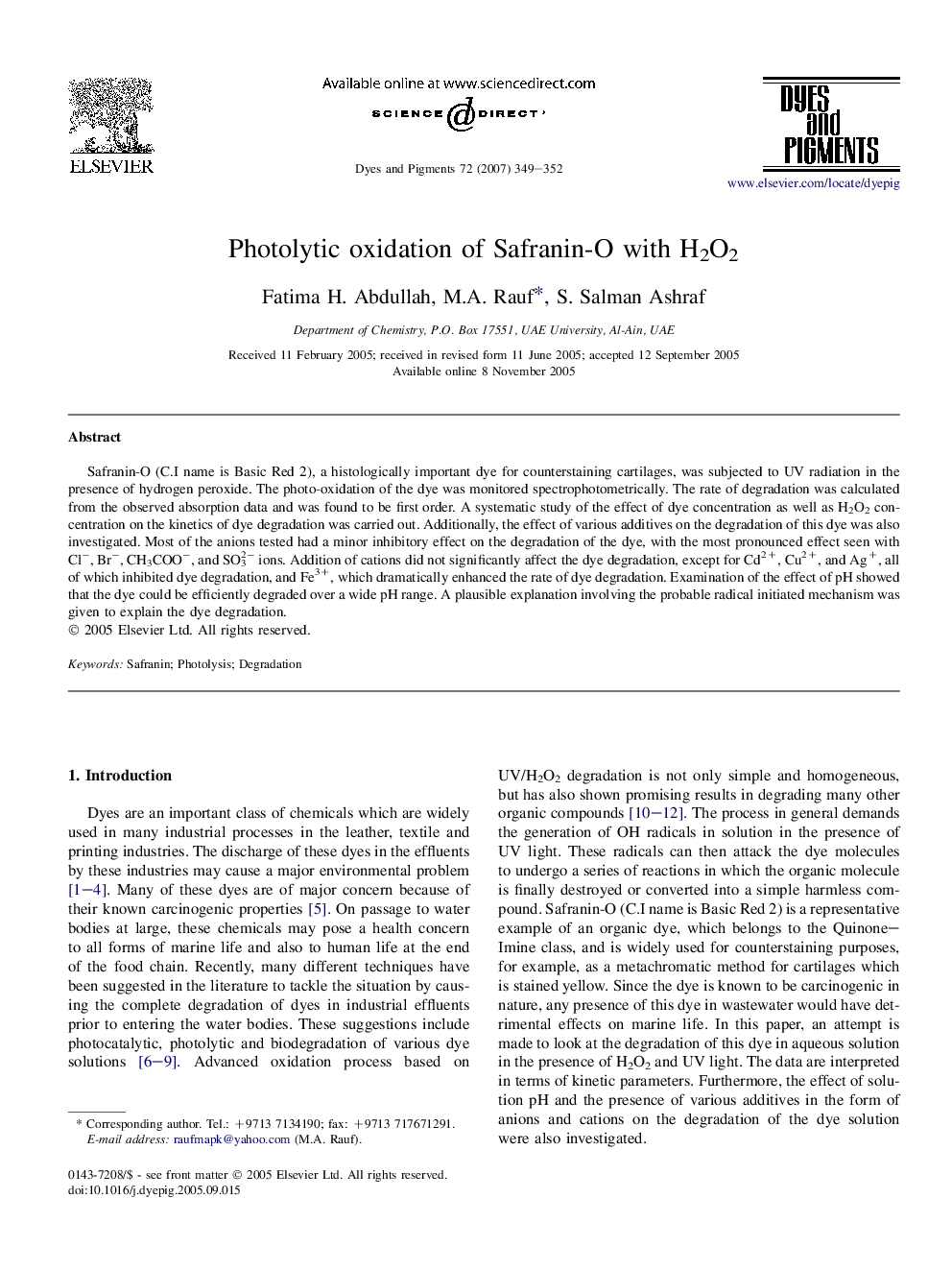 Photolytic oxidation of Safranin-O with H2O2