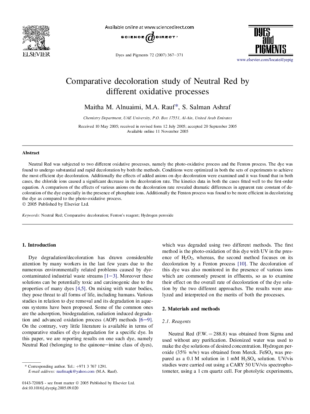 Comparative decoloration study of Neutral Red by different oxidative processes