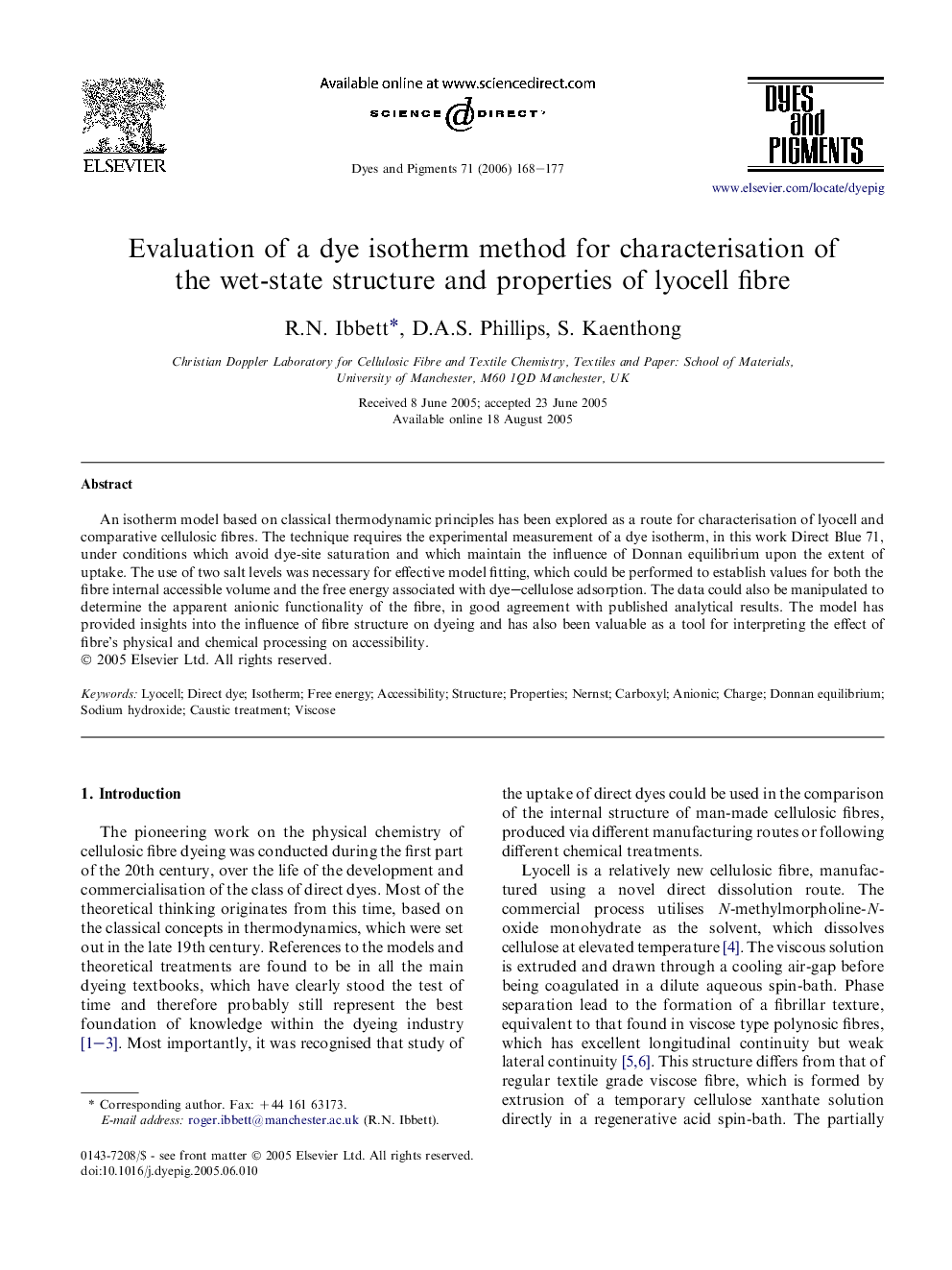 Evaluation of a dye isotherm method for characterisation of the wet-state structure and properties of lyocell fibre