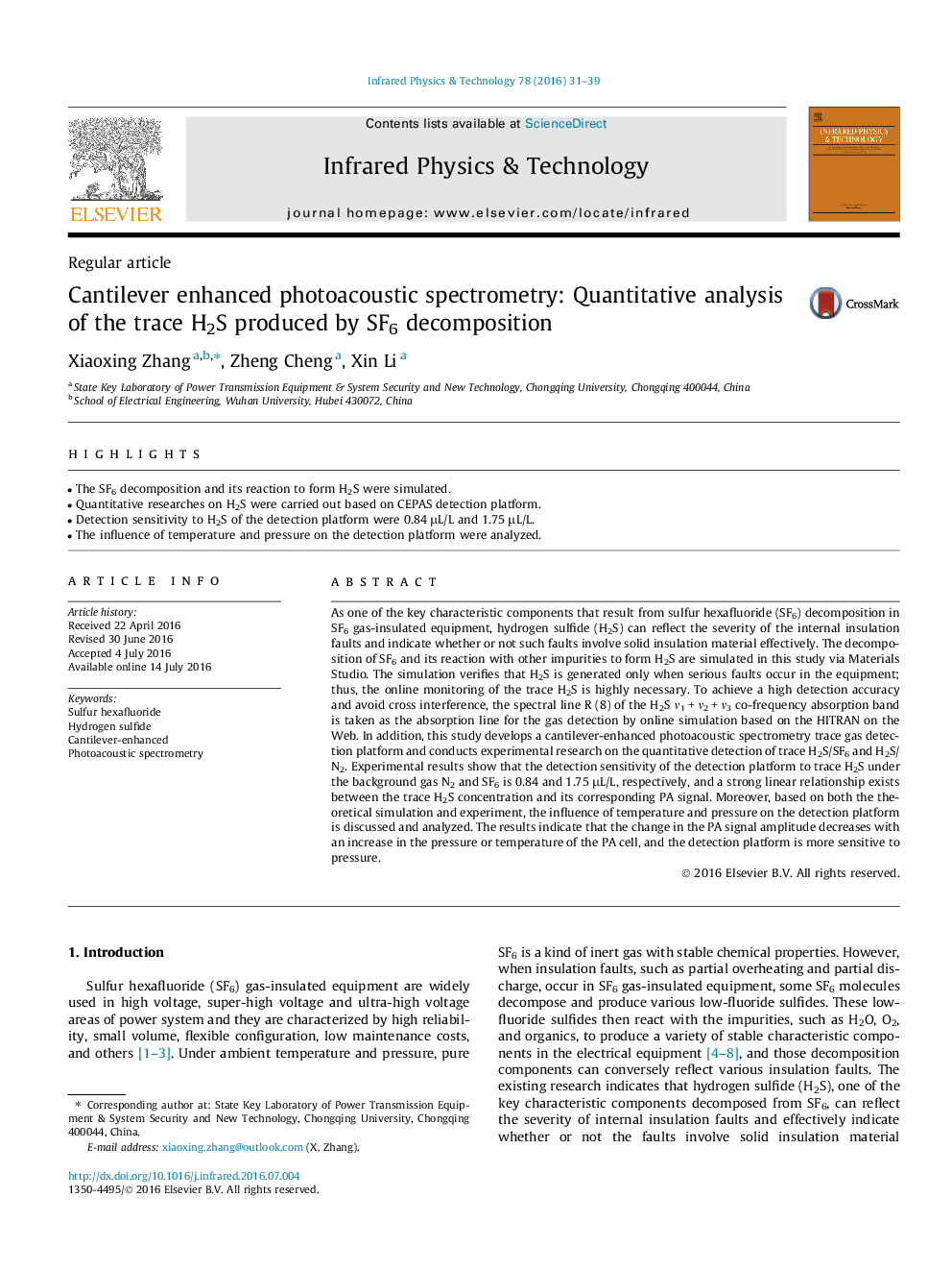 Cantilever enhanced photoacoustic spectrometry: Quantitative analysis of the trace H2S produced by SF6 decomposition