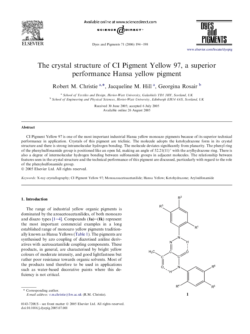 The crystal structure of CI Pigment Yellow 97, a superior performance Hansa yellow pigment