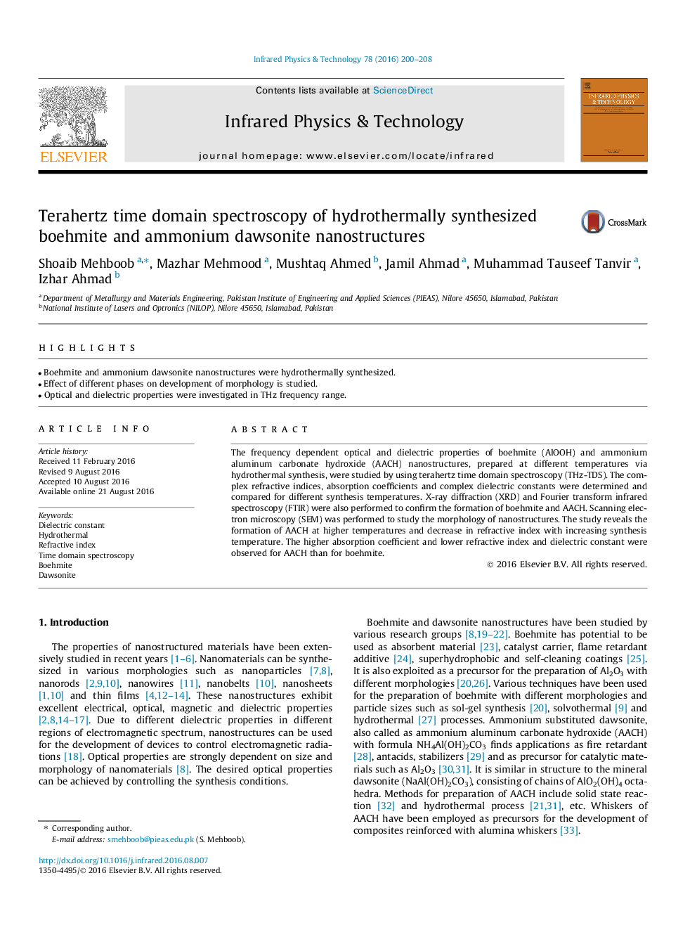 Terahertz time domain spectroscopy of hydrothermally synthesized boehmite and ammonium dawsonite nanostructures