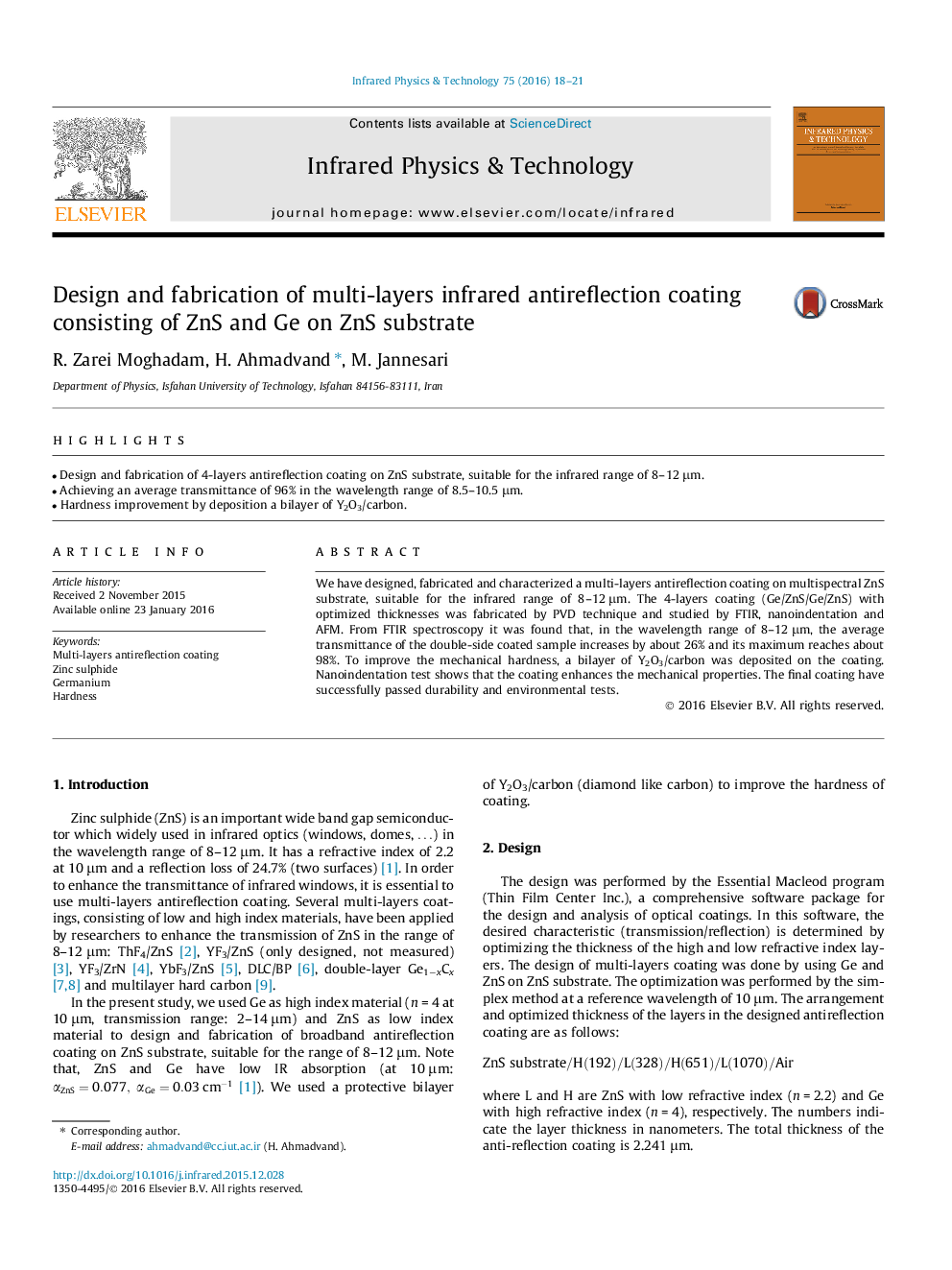 Design and fabrication of multi-layers infrared antireflection coating consisting of ZnS and Ge on ZnS substrate