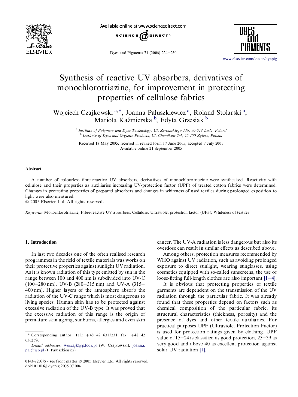 Synthesis of reactive UV absorbers, derivatives of monochlorotriazine, for improvement in protecting properties of cellulose fabrics