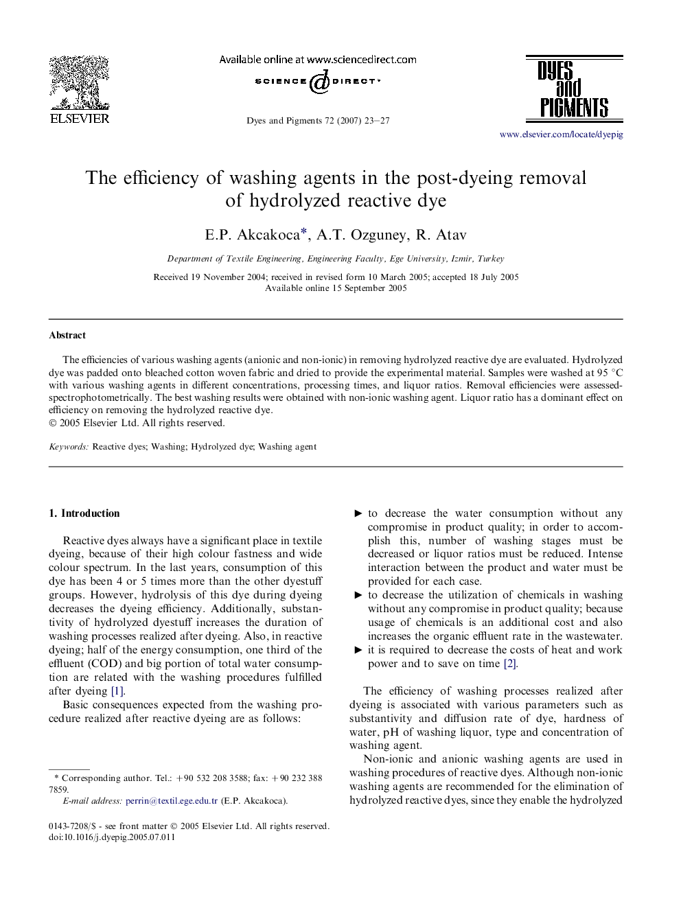 The efficiency of washing agents in the post-dyeing removal of hydrolyzed reactive dye