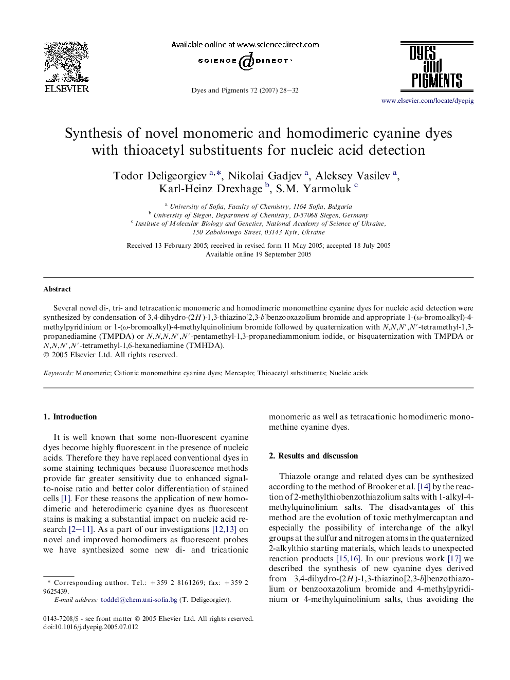 Synthesis of novel monomeric and homodimeric cyanine dyes with thioacetyl substituents for nucleic acid detection