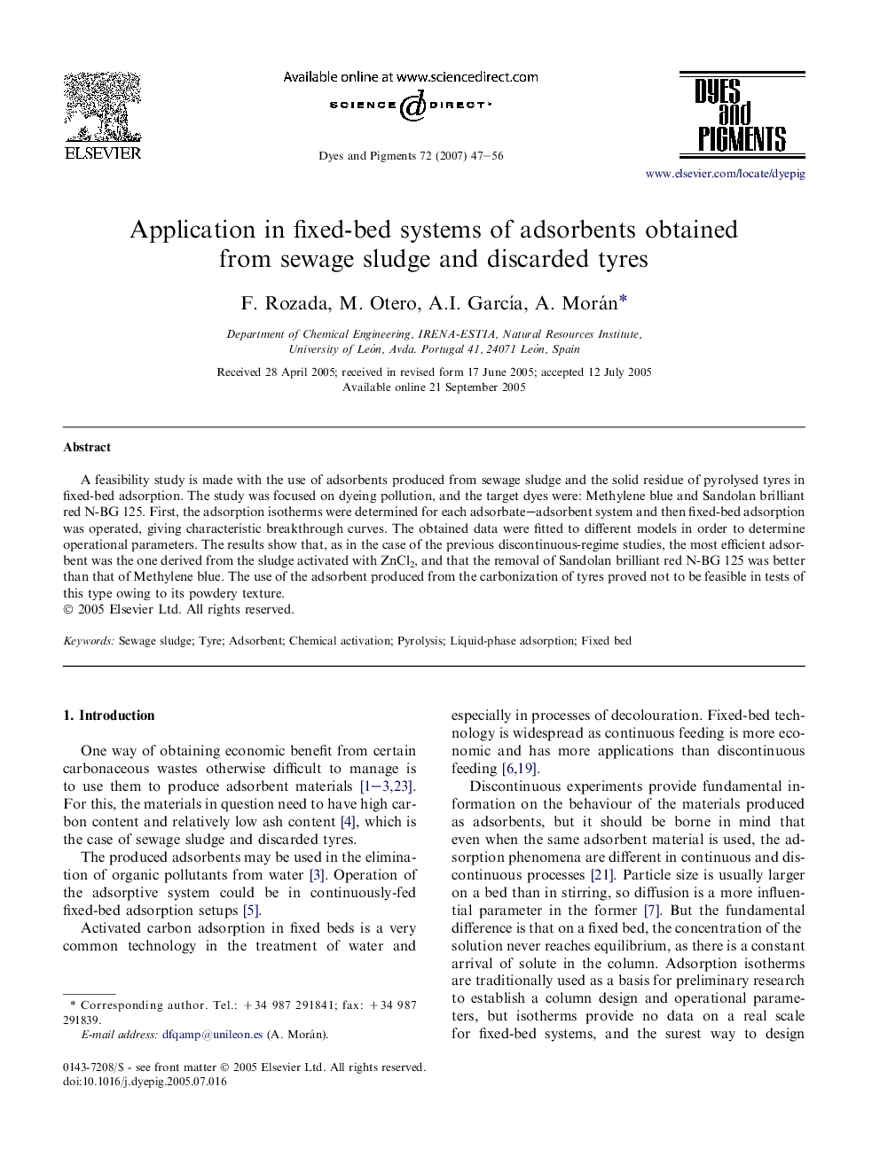 Application in fixed-bed systems of adsorbents obtained from sewage sludge and discarded tyres