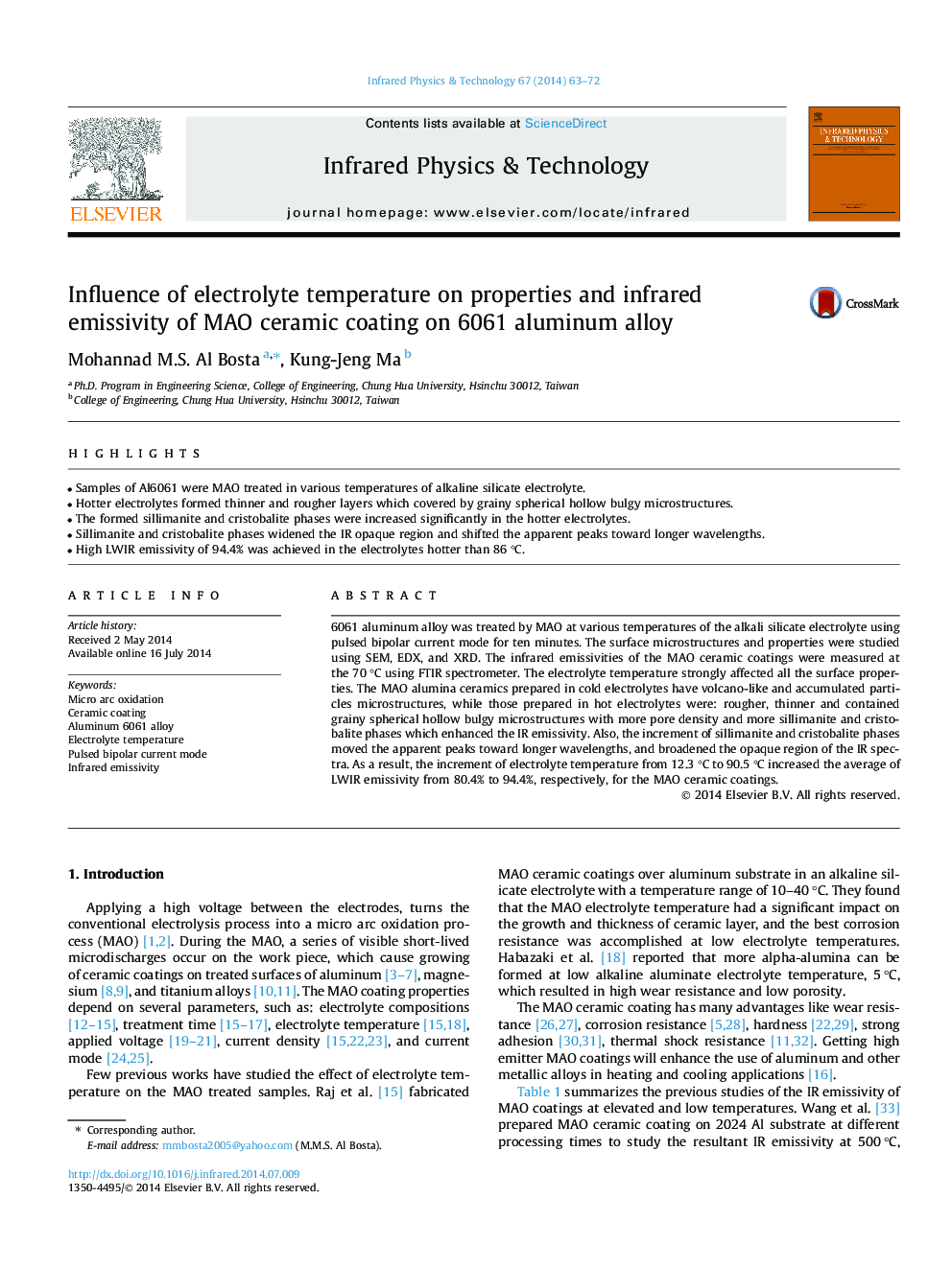 Influence of electrolyte temperature on properties and infrared emissivity of MAO ceramic coating on 6061 aluminum alloy