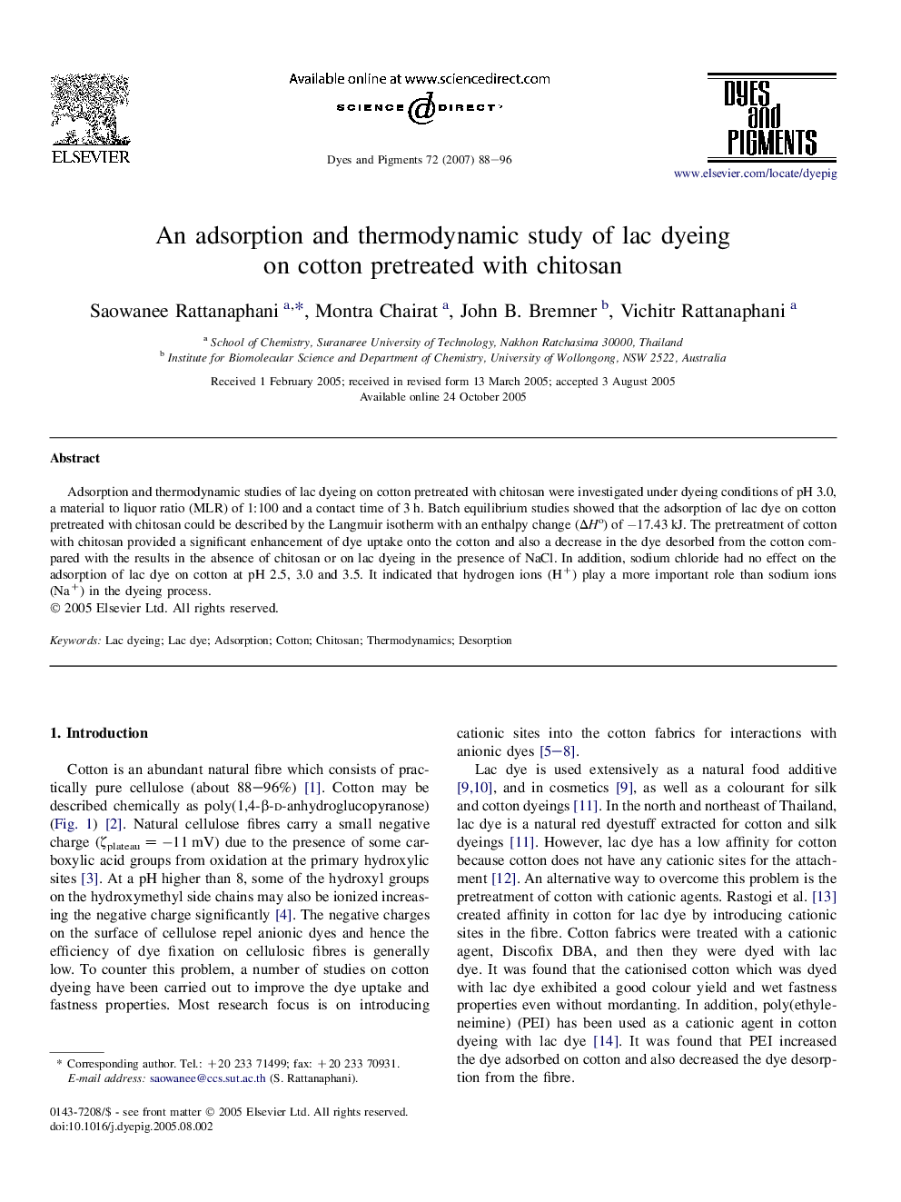 An adsorption and thermodynamic study of lac dyeing on cotton pretreated with chitosan