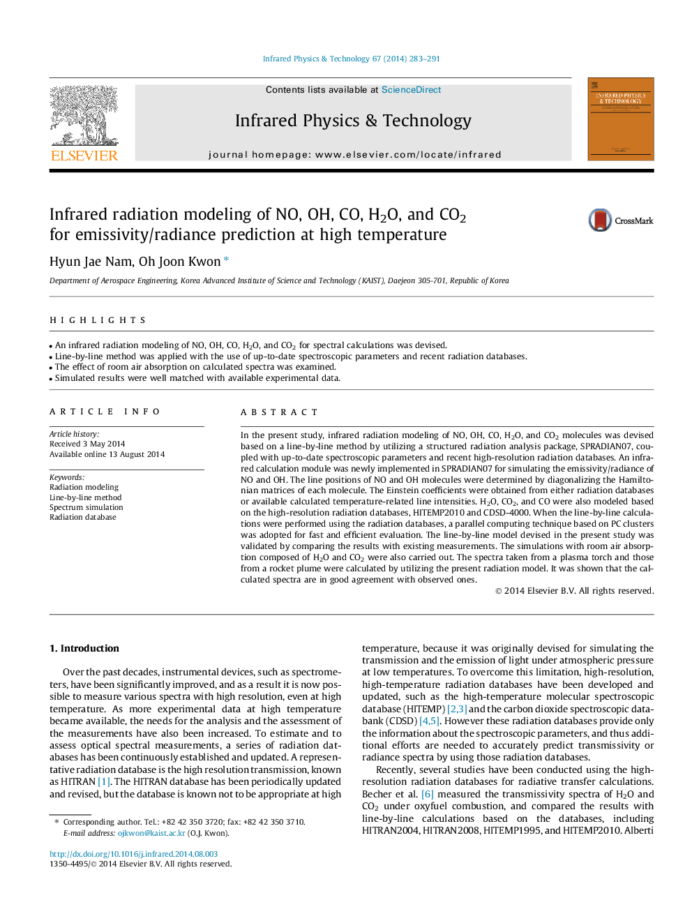 Infrared radiation modeling of NO, OH, CO, H2O, and CO2 for emissivity/radiance prediction at high temperature