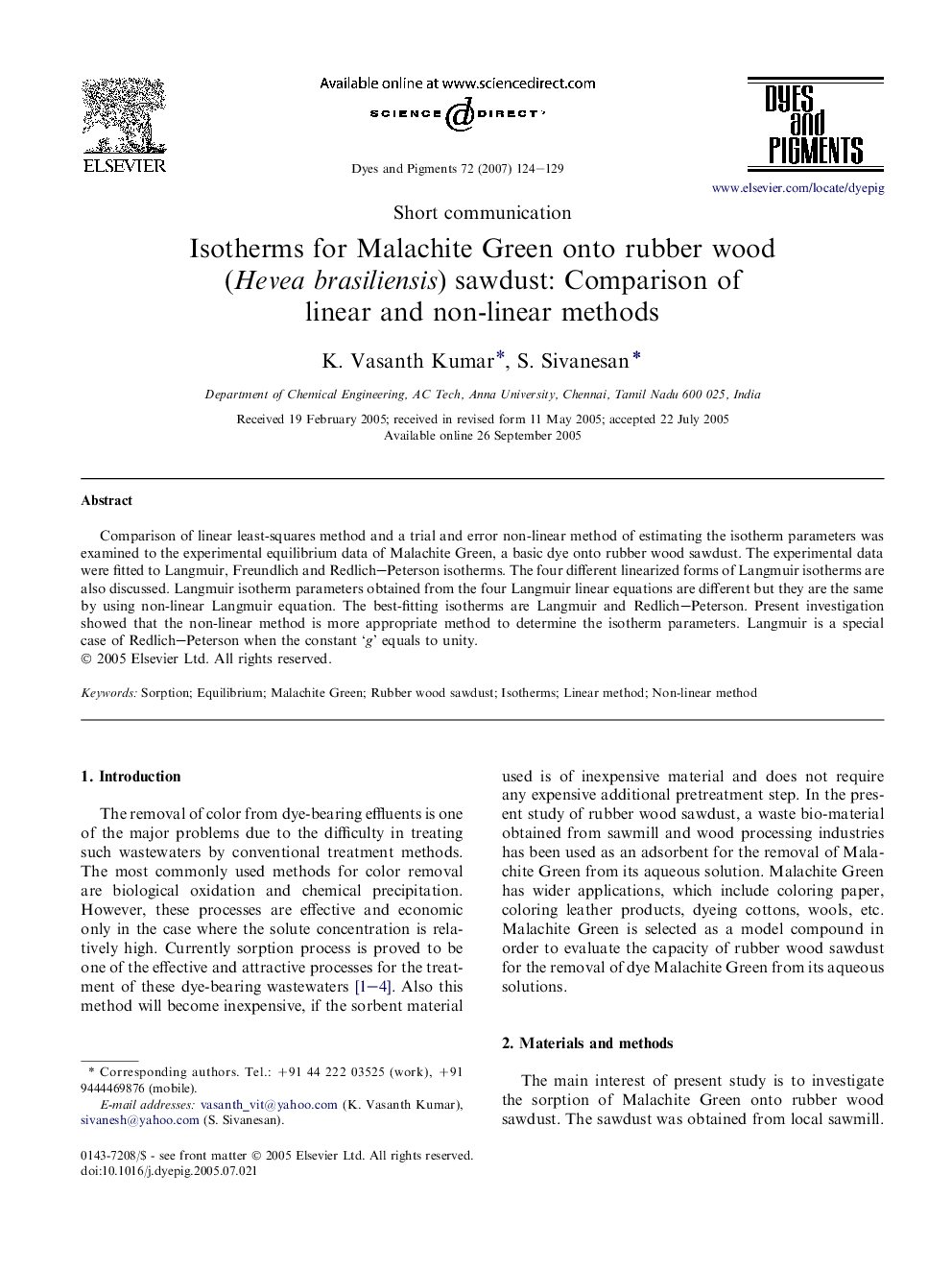 Isotherms for Malachite Green onto rubber wood (Hevea brasiliensis) sawdust: Comparison of linear and non-linear methods