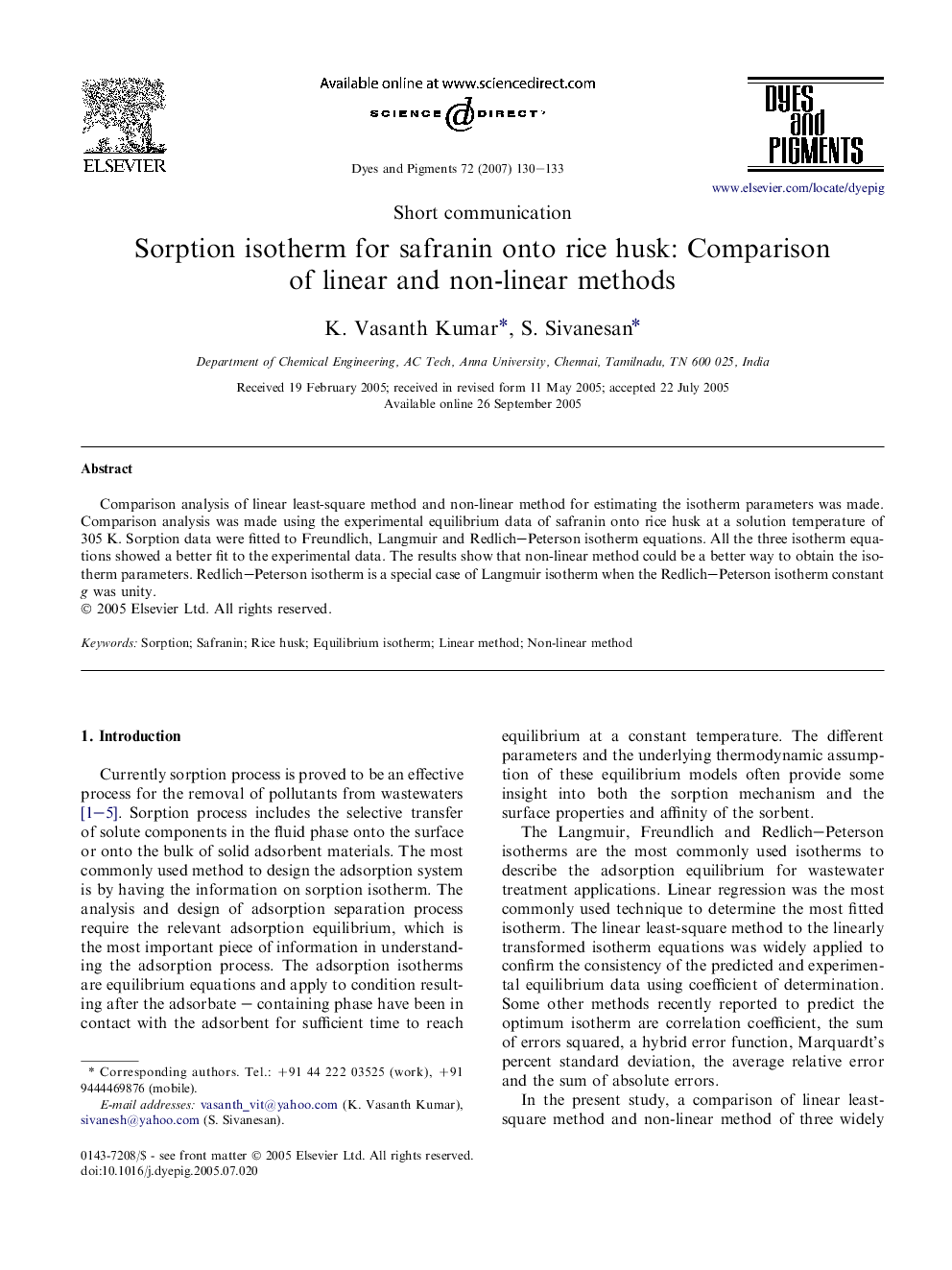 Sorption isotherm for safranin onto rice husk: Comparison of linear and non-linear methods