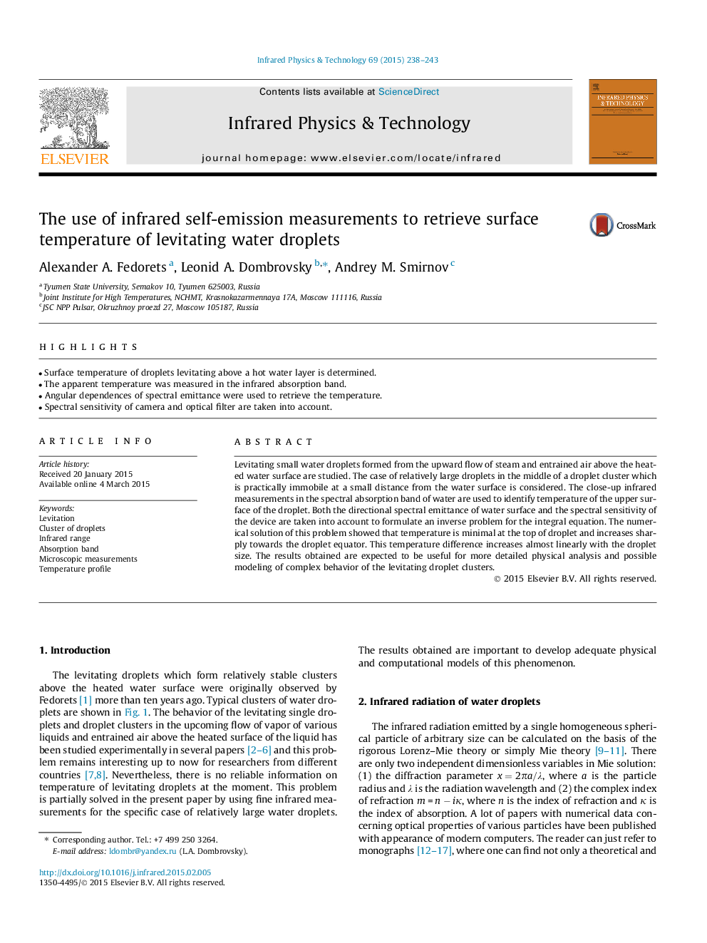 The use of infrared self-emission measurements to retrieve surface temperature of levitating water droplets