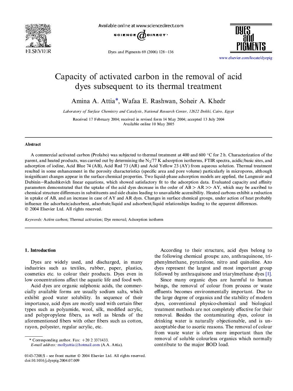 Capacity of activated carbon in the removal of acid dyes subsequent to its thermal treatment