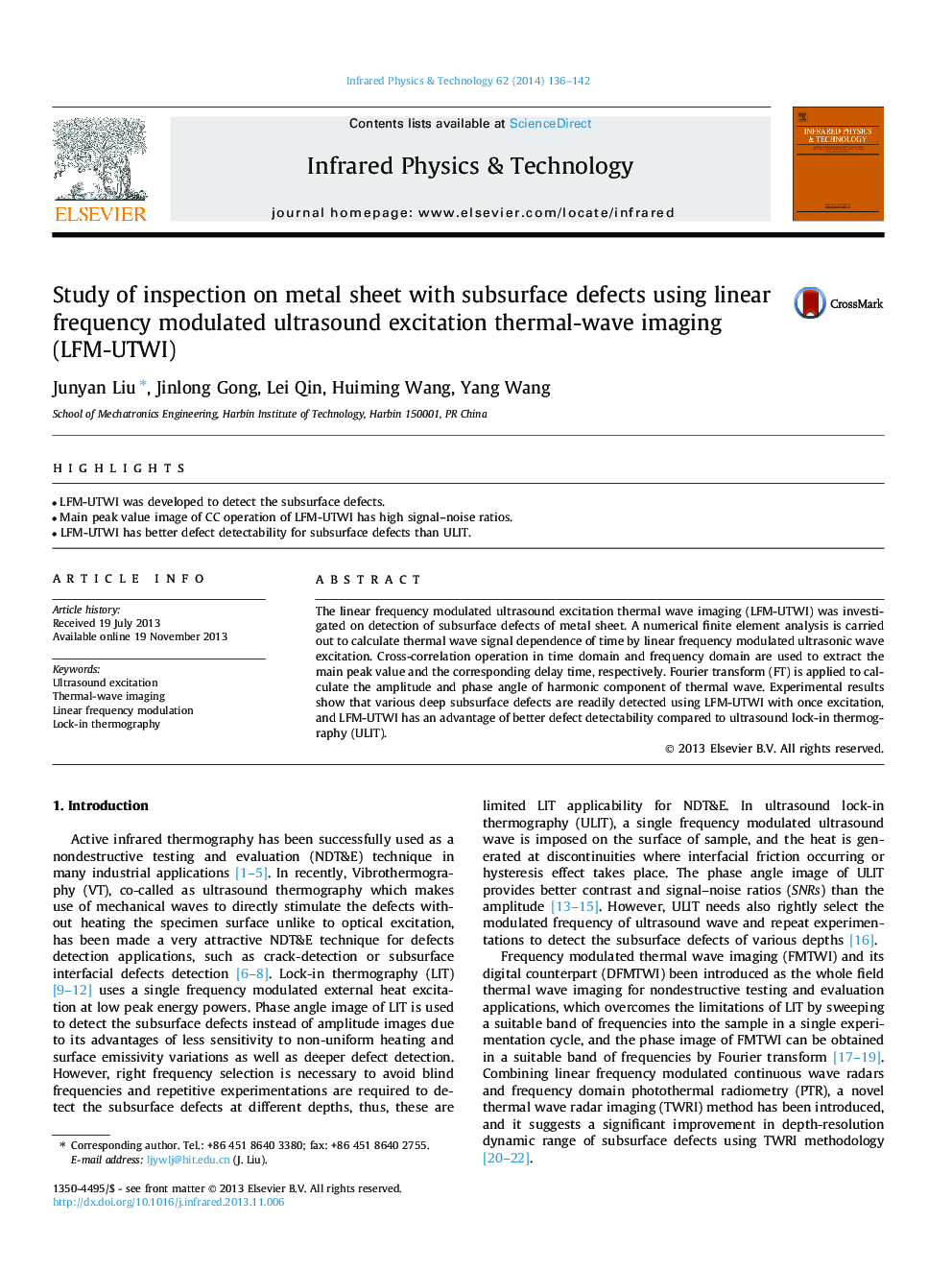 Study of inspection on metal sheet with subsurface defects using linear frequency modulated ultrasound excitation thermal-wave imaging (LFM-UTWI)