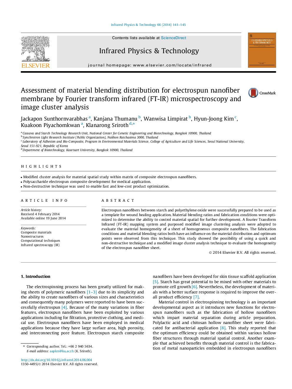 Assessment of material blending distribution for electrospun nanofiber membrane by Fourier transform infrared (FT-IR) microspectroscopy and image cluster analysis