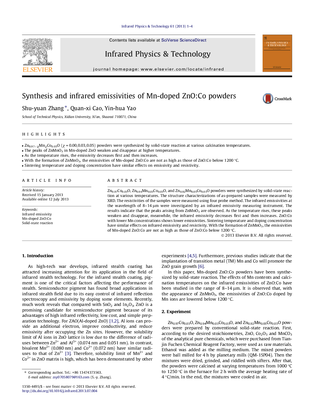 Synthesis and infrared emissivities of Mn-doped ZnO:Co powders