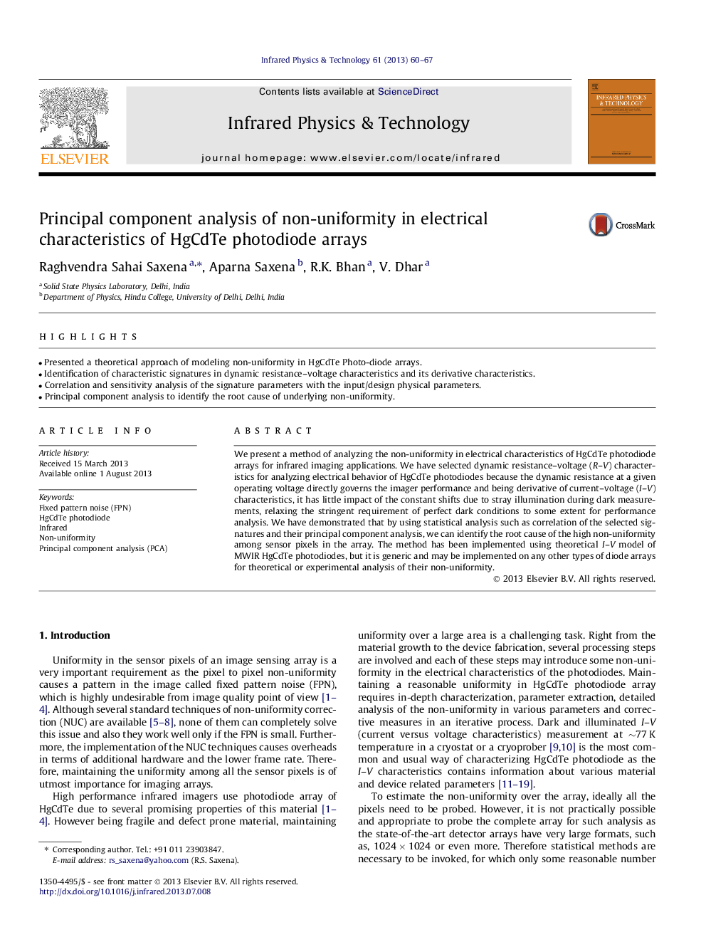 Principal component analysis of non-uniformity in electrical characteristics of HgCdTe photodiode arrays