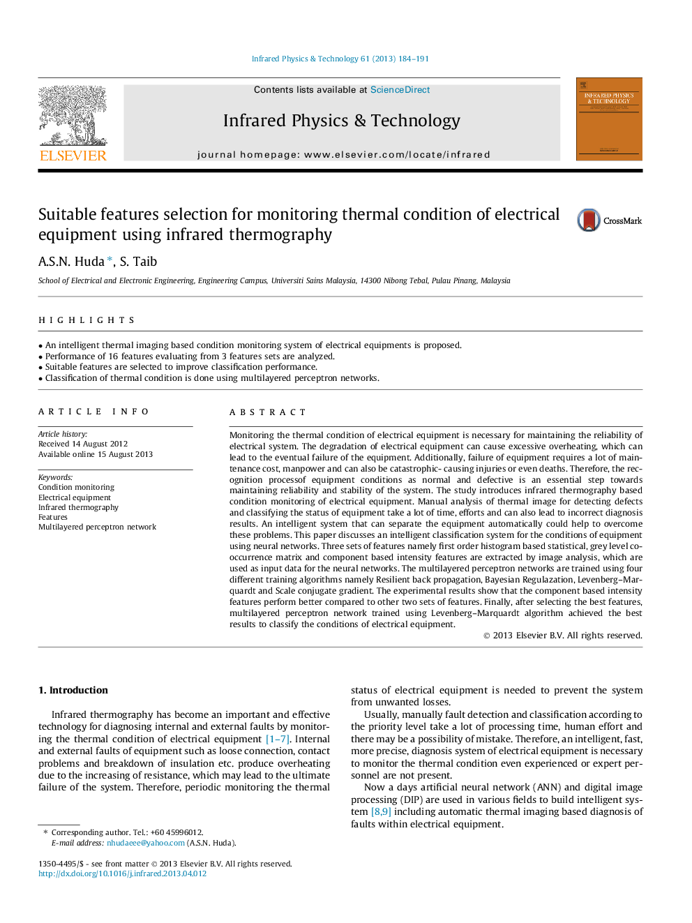 Suitable features selection for monitoring thermal condition of electrical equipment using infrared thermography