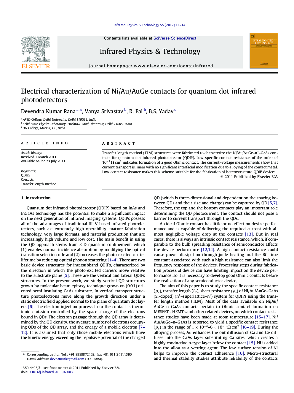 Electrical characterization of Ni/Au/AuGe contacts for quantum dot infrared photodetectors