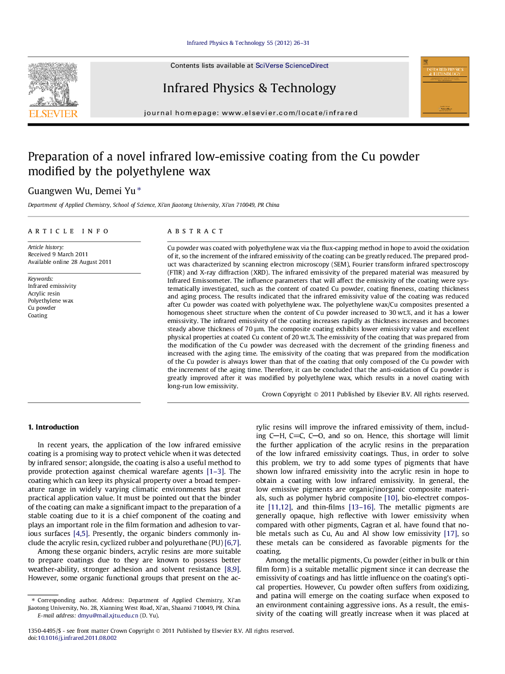 Preparation of a novel infrared low-emissive coating from the Cu powder modified by the polyethylene wax