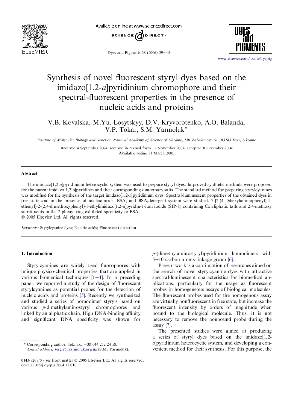 Synthesis of novel fluorescent styryl dyes based on the imidazo[1,2-a]pyridinium chromophore and their spectral-fluorescent properties in the presence of nucleic acids and proteins