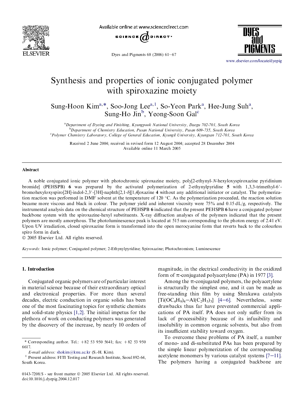 Synthesis and properties of ionic conjugated polymer with spiroxazine moiety