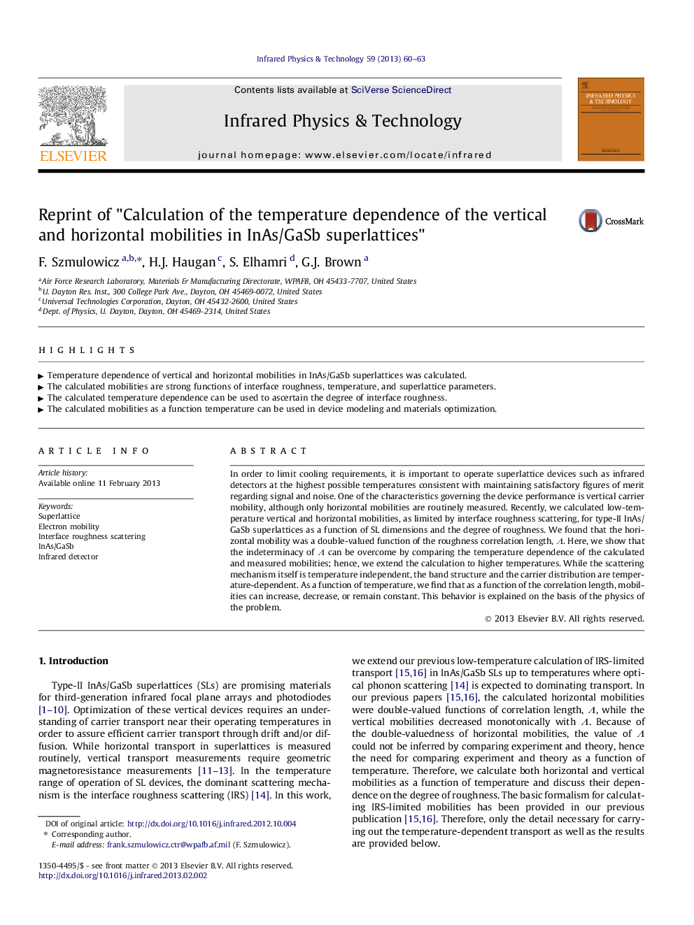 Reprint of "Calculation of the temperature dependence of the vertical and horizontal mobilities in InAs/GaSb superlattices"