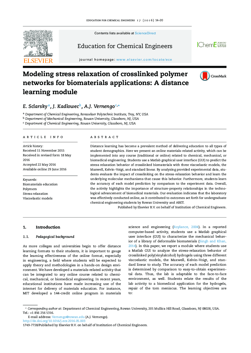 Modeling stress relaxation of crosslinked polymer networks for biomaterials applications: A distance learning module