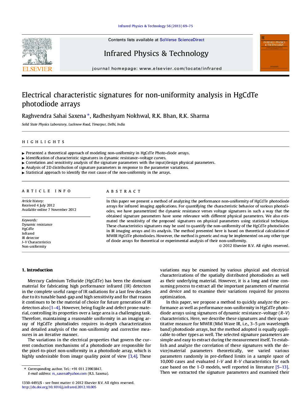 Electrical characteristic signatures for non-uniformity analysis in HgCdTe photodiode arrays