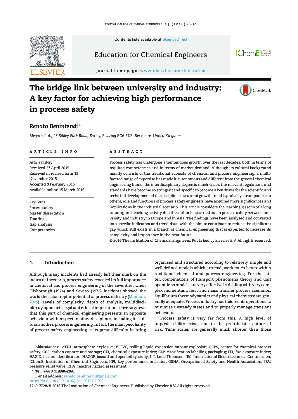 The bridge link between university and industry: A key factor for achieving high performance in process safety