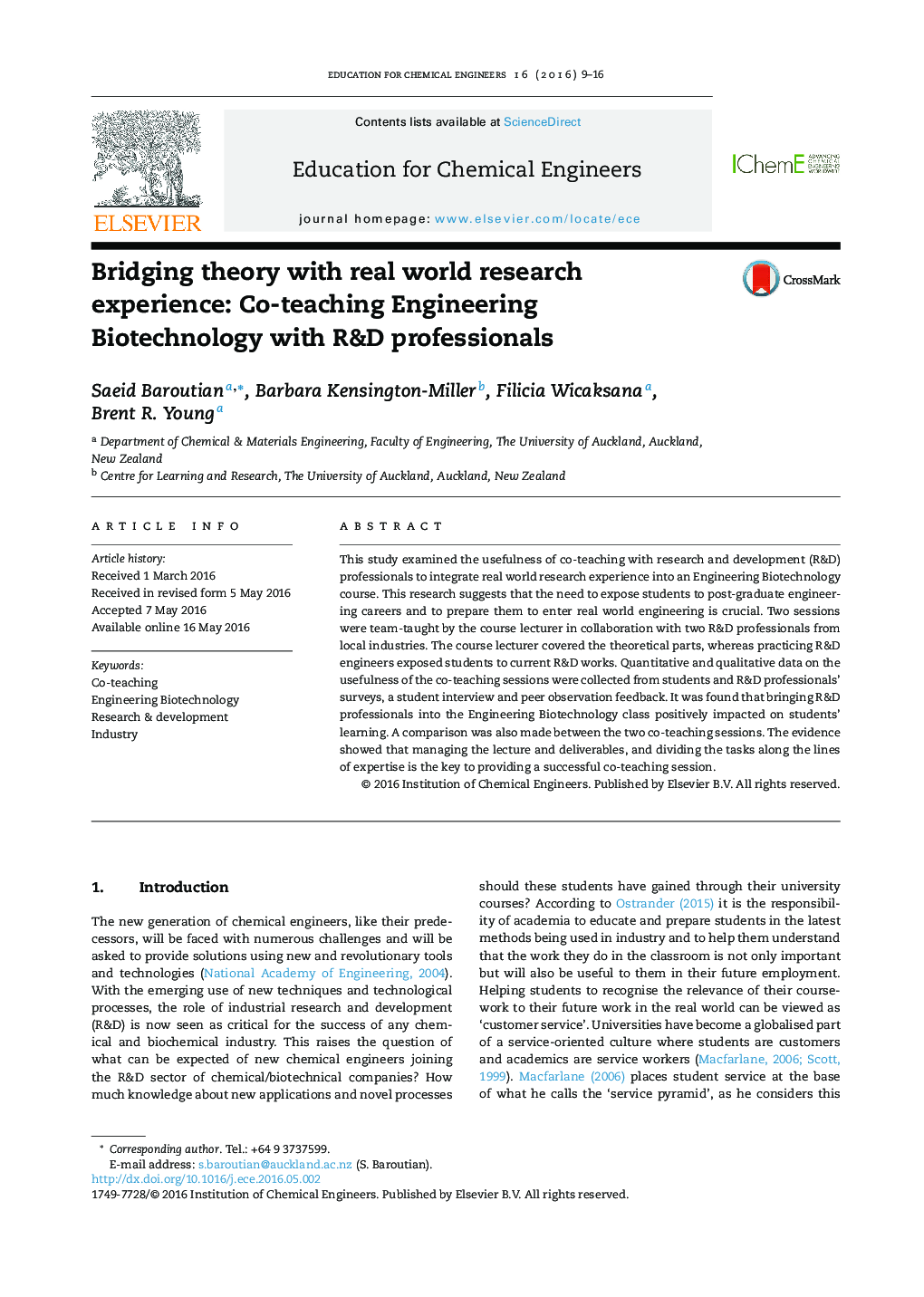 Bridging theory with real world research experience: Co-teaching Engineering Biotechnology with R&D professionals