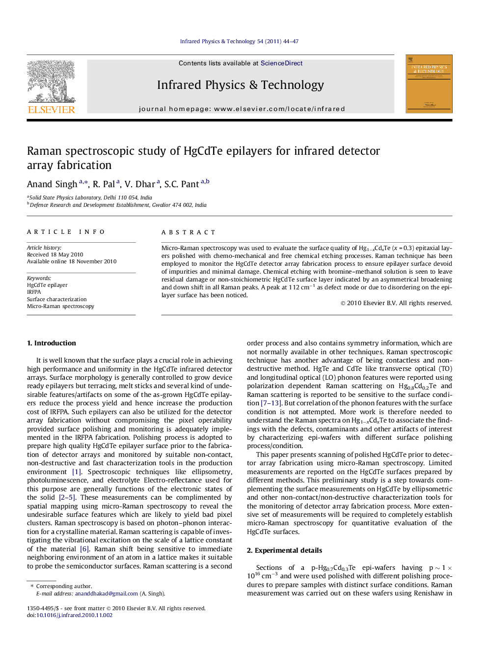 Raman spectroscopic study of HgCdTe epilayers for infrared detector array fabrication