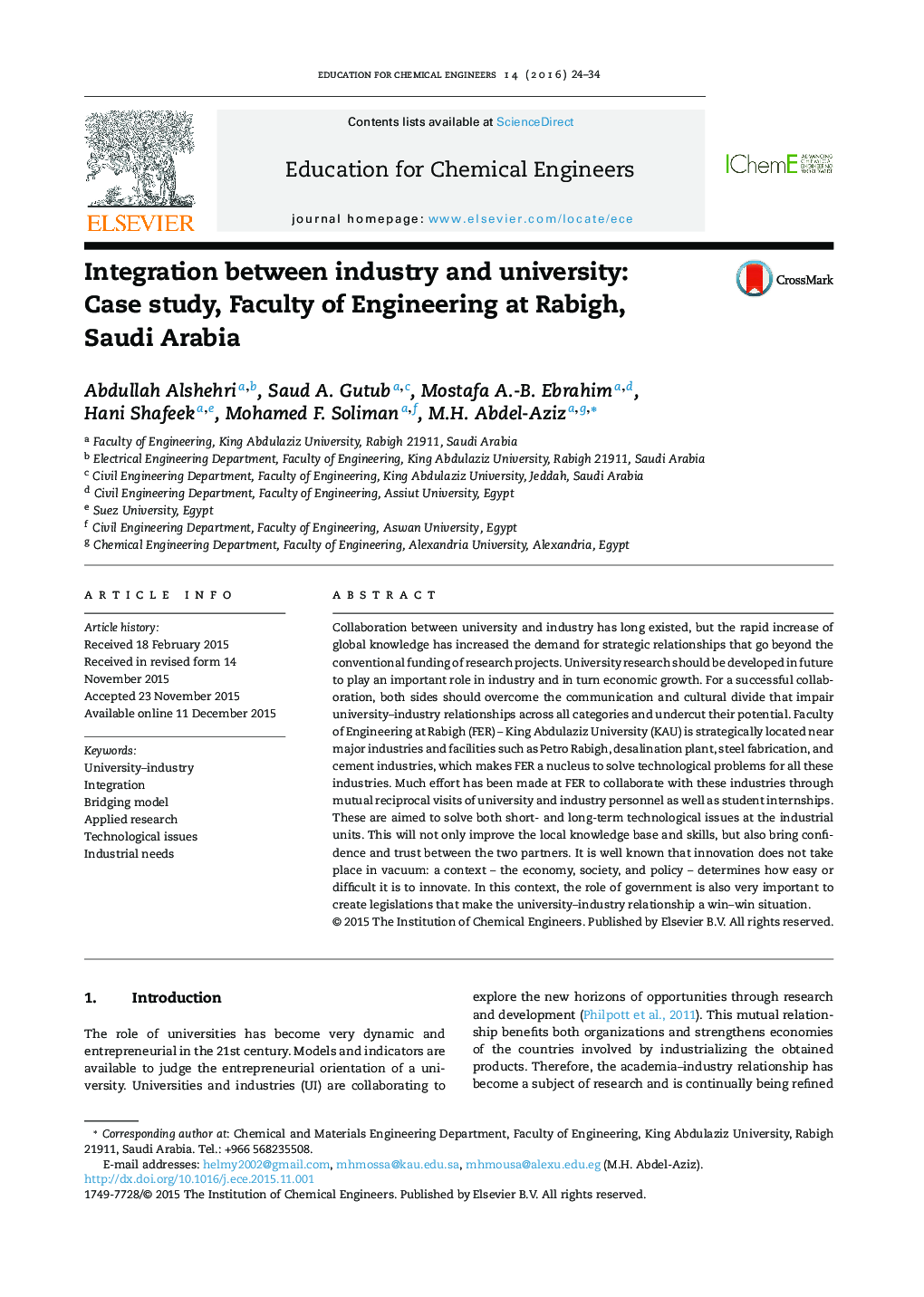 Integration between industry and university: Case study, Faculty of Engineering at Rabigh, Saudi Arabia