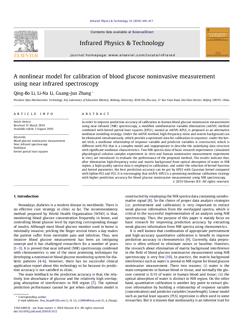 A nonlinear model for calibration of blood glucose noninvasive measurement using near infrared spectroscopy