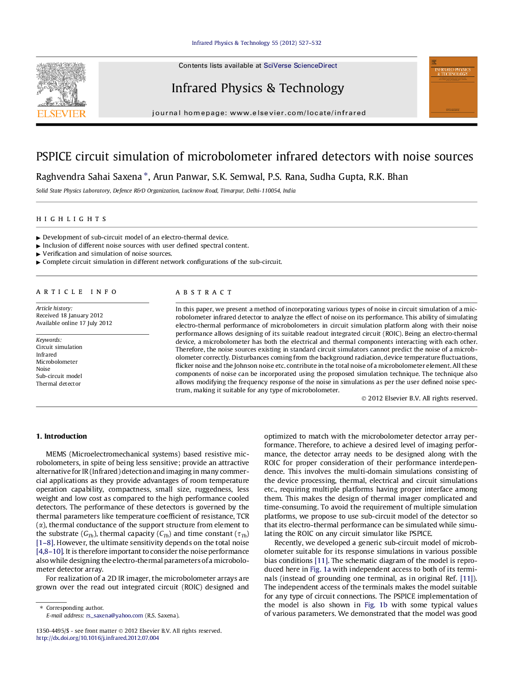 PSPICE circuit simulation of microbolometer infrared detectors with noise sources