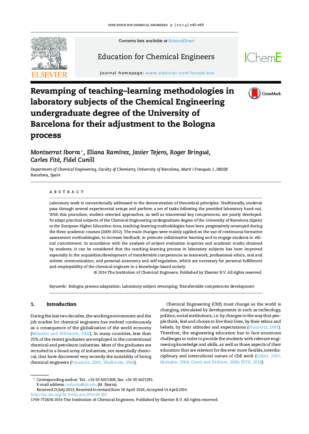 Revamping of teaching–learning methodologies in laboratory subjects of the Chemical Engineering undergraduate degree of the University of Barcelona for their adjustment to the Bologna process