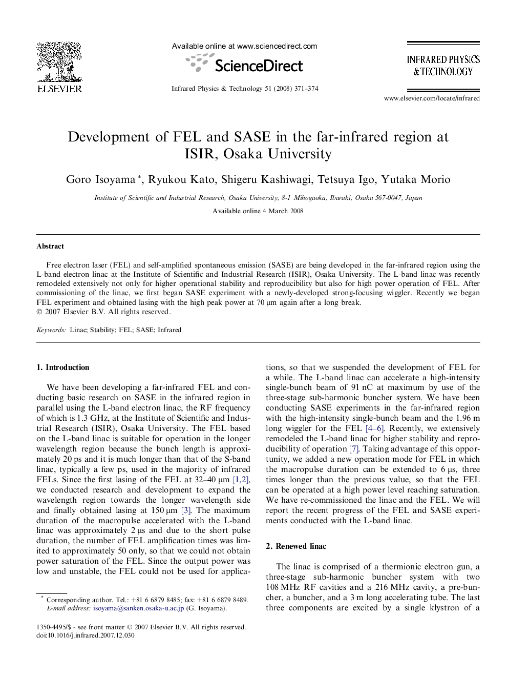 Development of FEL and SASE in the far-infrared region at ISIR, Osaka University