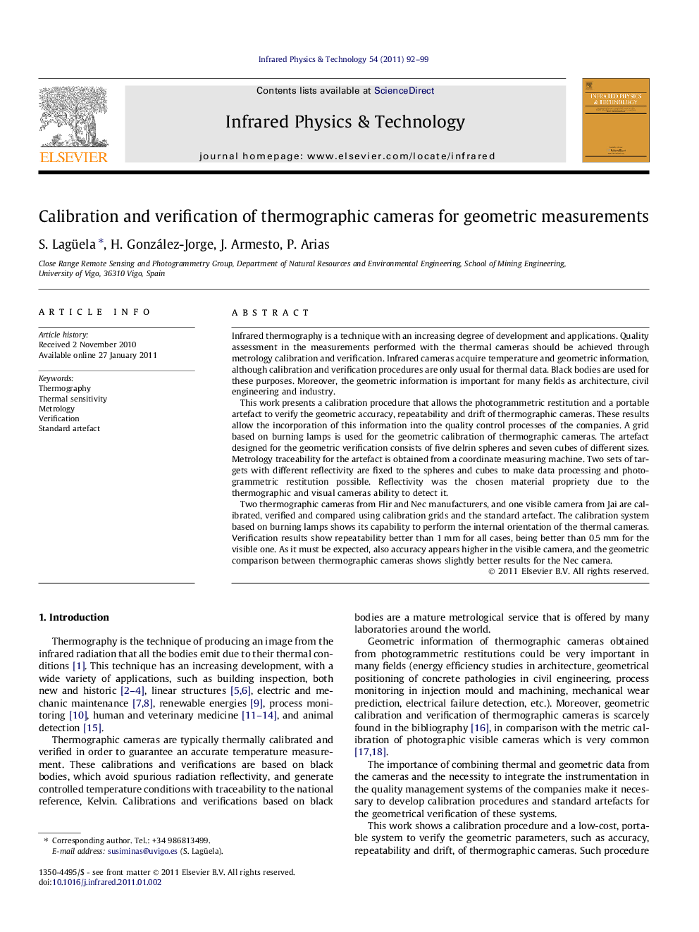 Calibration and verification of thermographic cameras for geometric measurements