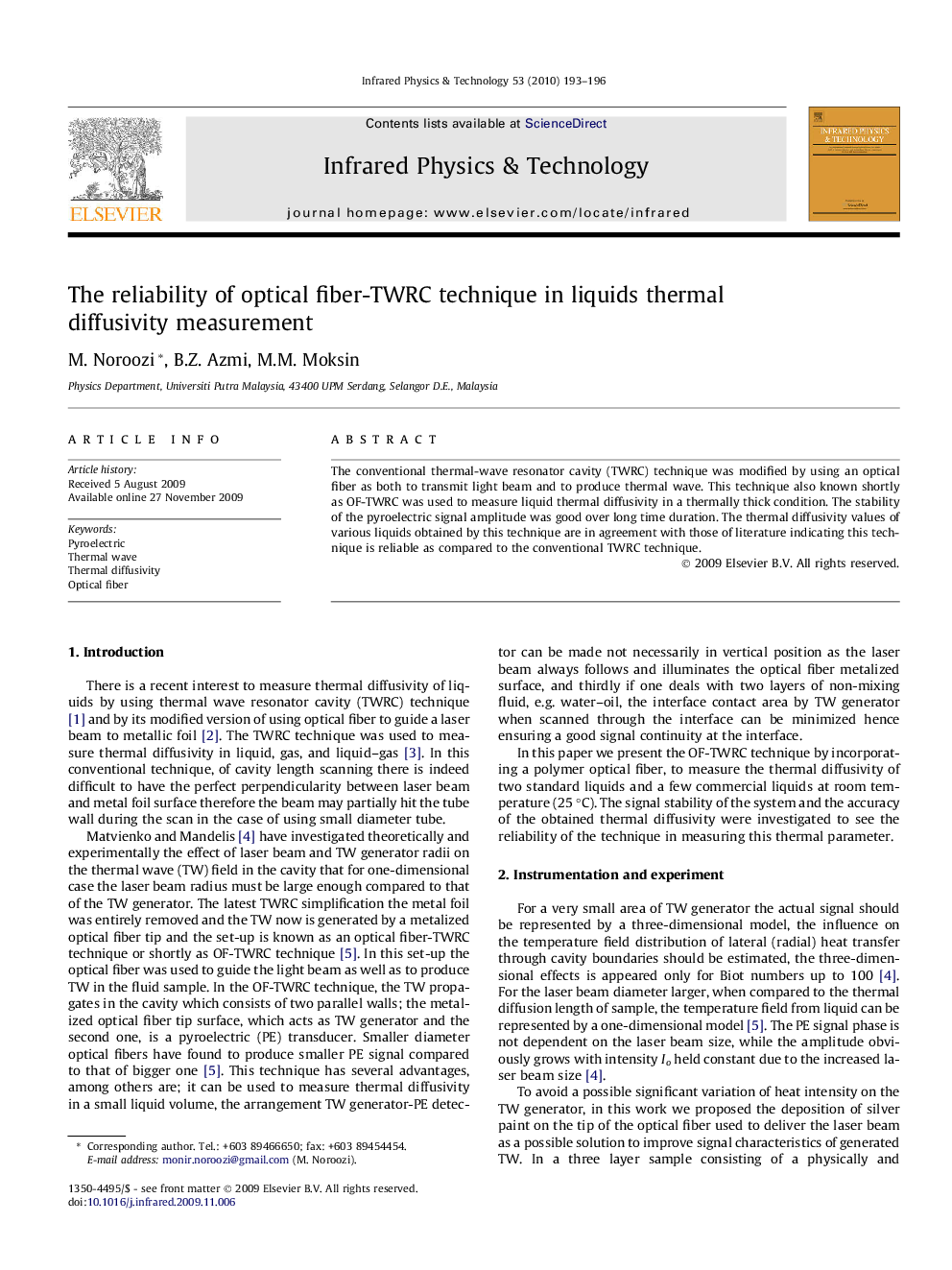 The reliability of optical fiber-TWRC technique in liquids thermal diffusivity measurement