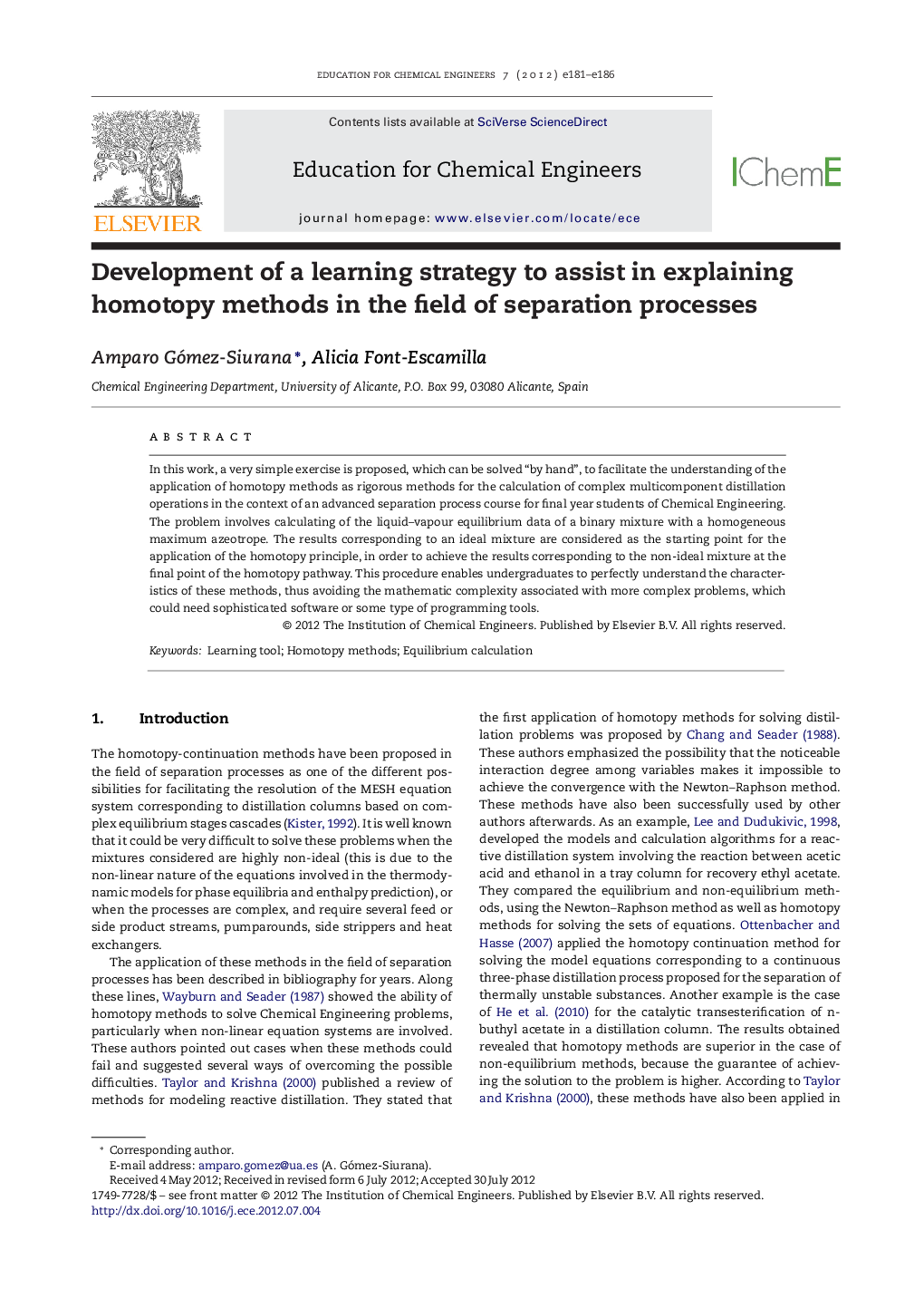 Development of a learning strategy to assist in explaining homotopy methods in the field of separation processes