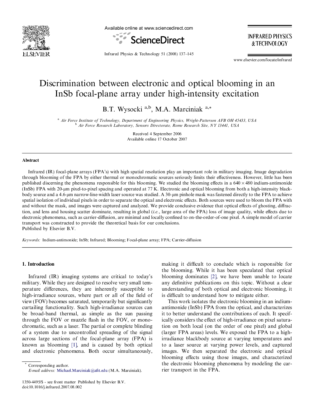 Discrimination between electronic and optical blooming in an InSb focal-plane array under high-intensity excitation