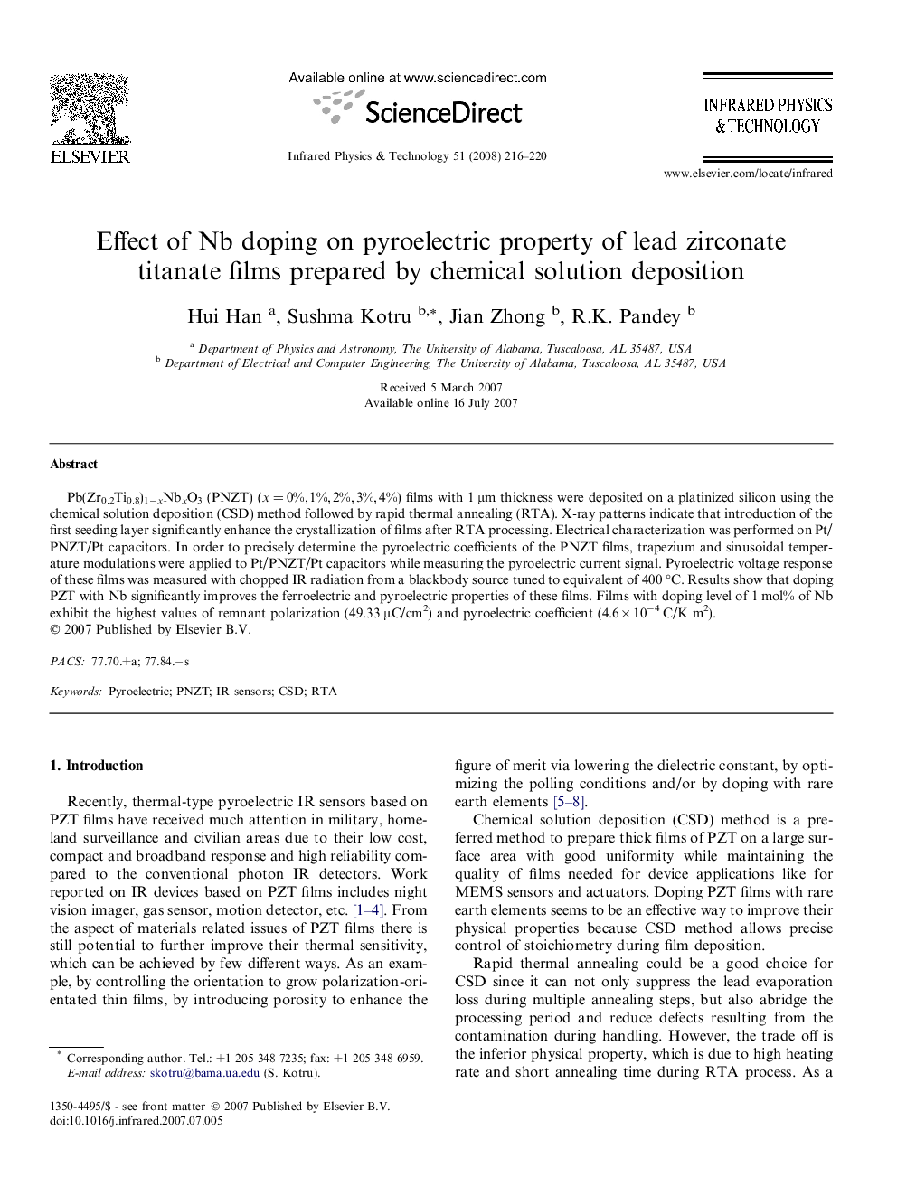 Effect of Nb doping on pyroelectric property of lead zirconate titanate films prepared by chemical solution deposition